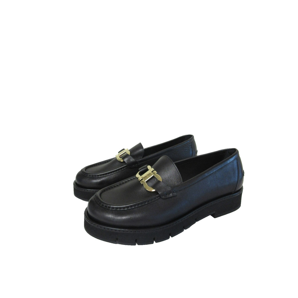 FERRAGAMO Black Leather 9 1/2 Chunky Lugged Soles Slip On Loafers Shoes